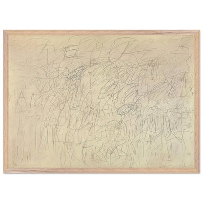 Academy by Cy Twombly framed art print; featuring an intricate network of delicate gray and black scribbles, overlapping lines, spontaneous gestures; size 30 × 45 cm (12 × 18 in); white frame.