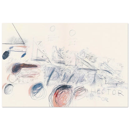 Fifty Days at Iliam: Ilians in Battle by Cy Twombly poster, A3 (29.7 × 42 cm): This striking composition combines energetic red brushstrokes, delicate graphite-like lines….