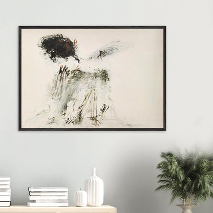 Ides of March by Cy Twombly framed art print; featuring a dramatic mass of black and dark brown marks in the upper-left area, delicate gray lines, earthy green accents.