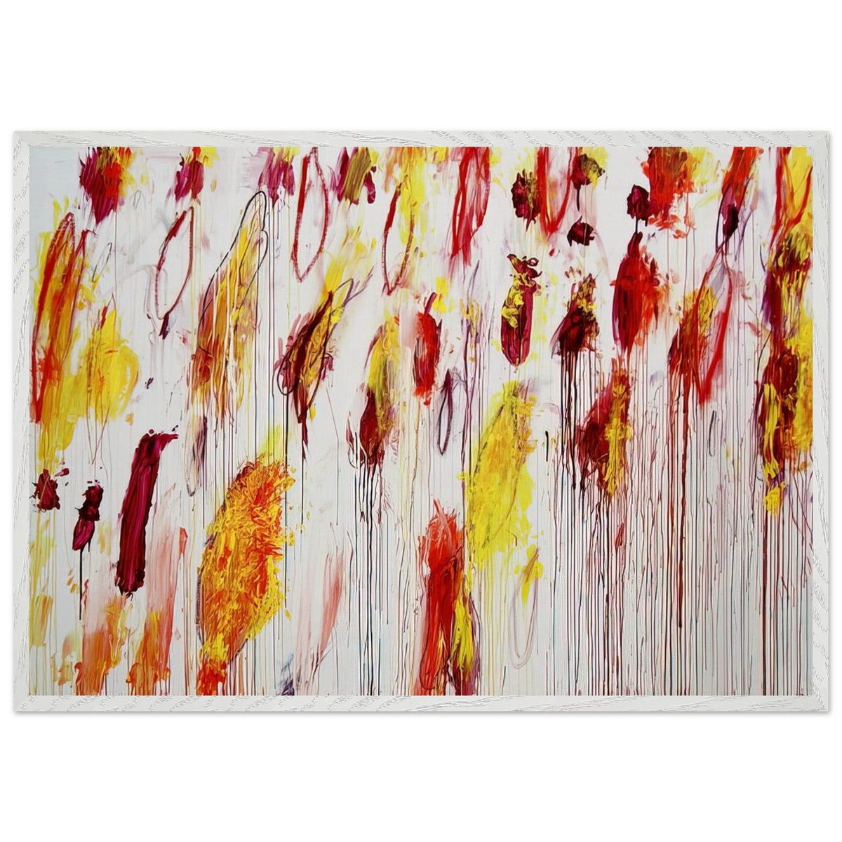 Lepanto, Part IV by Cy Twombly framed art print; featuring vivid yellow and golden-orange pigments, fiery red and crimson brushstrokes, delicate pink accents; size 70 × 100 cm (28 × 40 in); black frame.