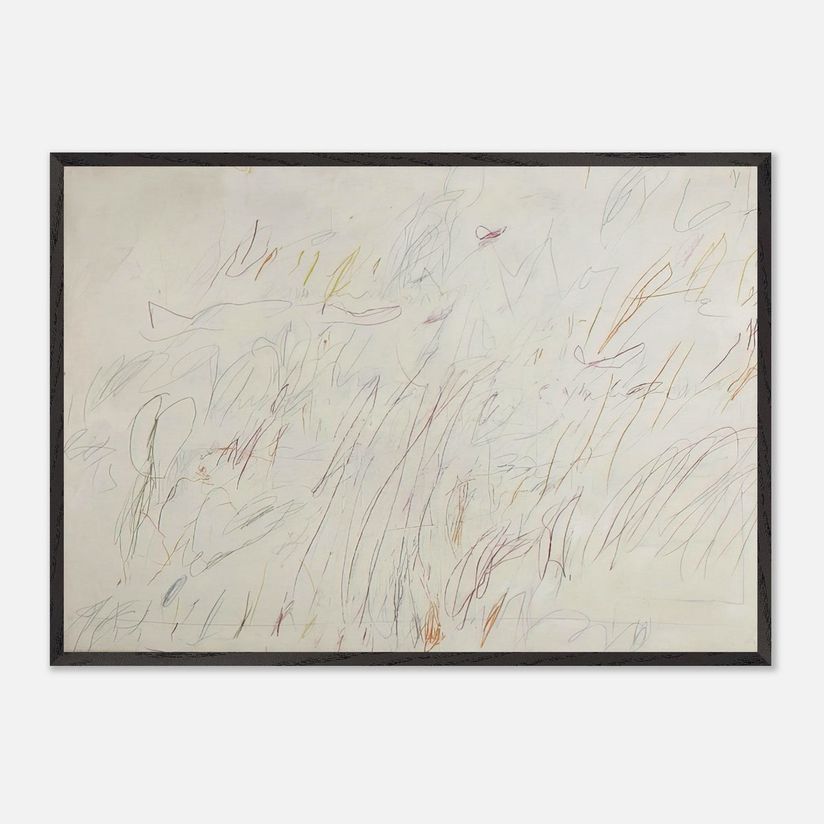 Sunset by Cy Twombly framed art print; featuring a soft ivory background covered with delicate pencil marks, flowing curves, spontaneous scribbles.