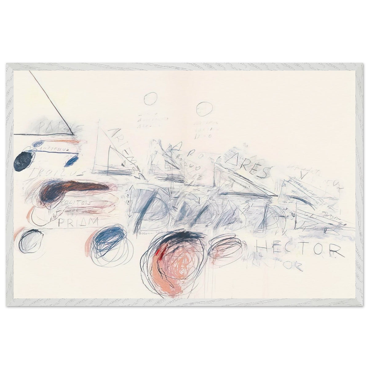 Fifty Days at Iliam: Ilians in Battle by Cy Twombly framed art print; featuring delicate blue-gray lines, energetic red marks, overlapping geometric shapes; size 70 × 100 cm (28 × 40 in); black frame.