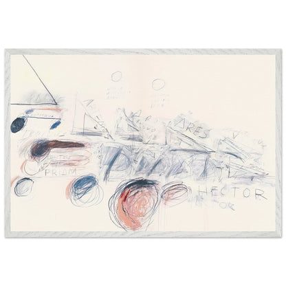 Fifty Days at Iliam: Ilians in Battle by Cy Twombly framed art print; featuring delicate blue-gray lines, energetic red marks, overlapping geometric shapes; size 70 × 100 cm (28 × 40 in); black frame.
