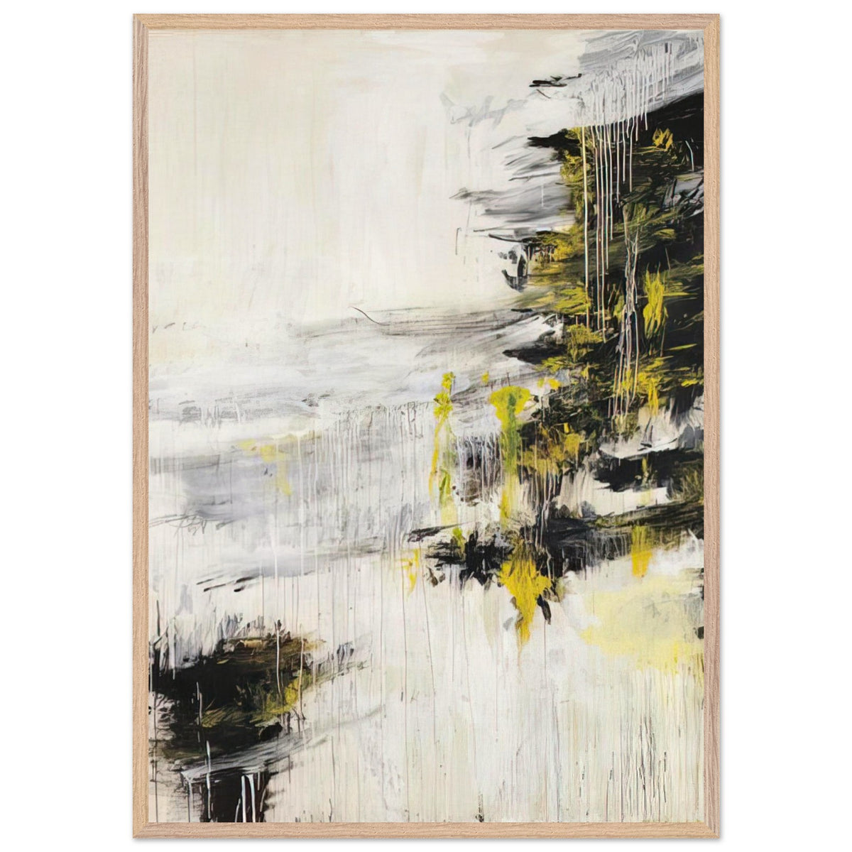 Quattro Stagioni II. Inverno by Cy Twombly, framed art print, bold black brushstrokes, flowing white and gray paint, 50x70 cm (20x28 in), white frame