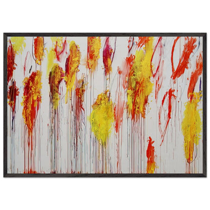 Lepanto, Part XII by Cy Twombly framed art print; featuring vibrant golden-yellow and orange brushstrokes, fiery red and crimson accents; size 800 × 1200 mm (32 × 48 in); white frame.