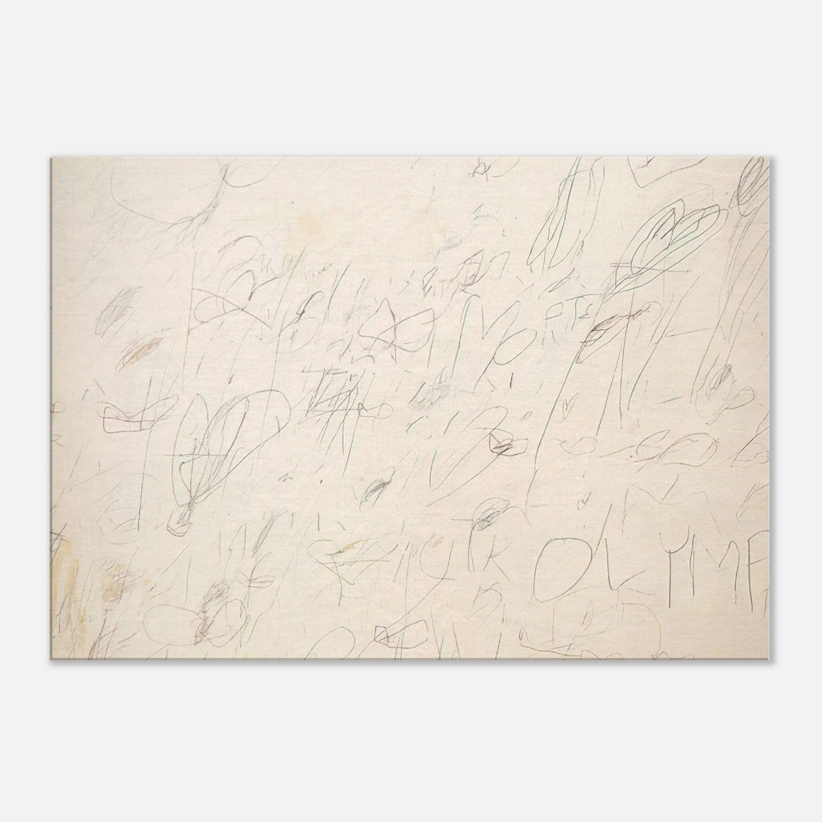 Olympia by Cy Twombly canvas print: a pale ivory background layered with delicate graphite-like lines, spontaneous scribbles….