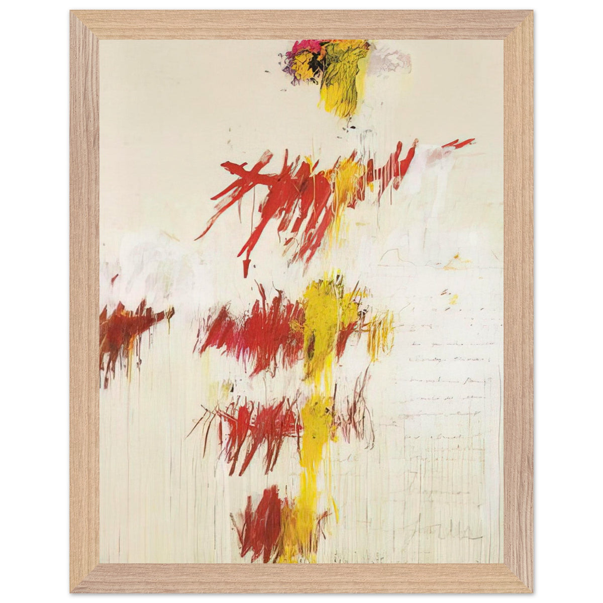 Quattro Stagioni II. Primavera by Cy Twombly, framed art print, energetic red and crimson brushstrokes, luminous yellow accents, 50x70 cm (20x28 in), black frame