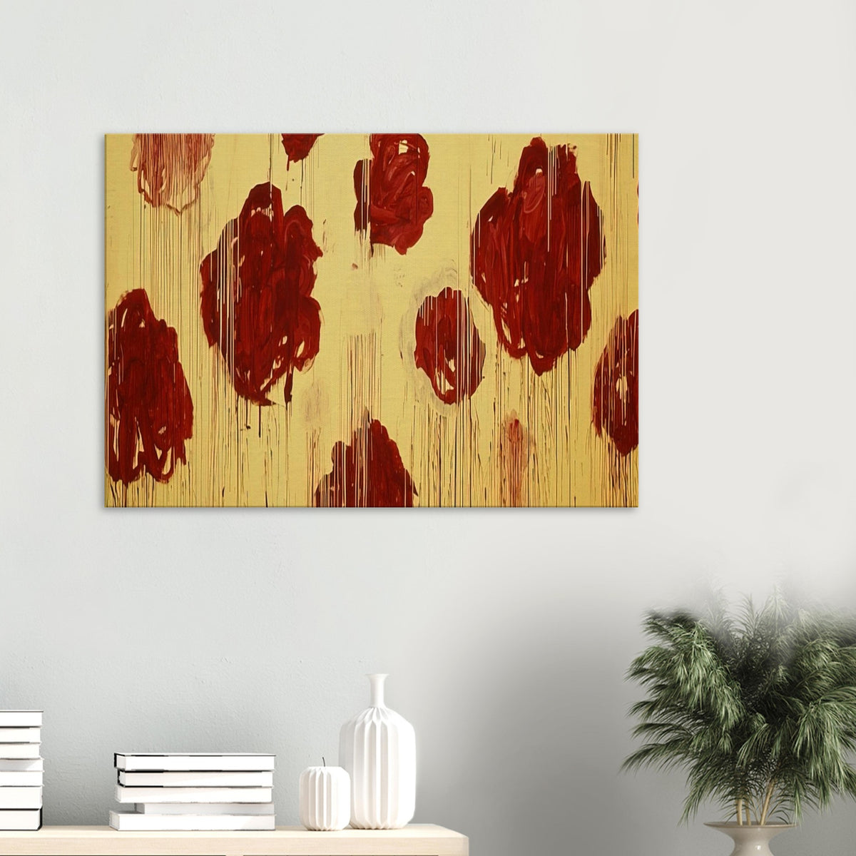 Untitled (Blooming, A Scattering of Blossoms & Other Things) by Cy Twombly canvas print: This striking composition features vivid red and burgundy forms scattered across a radiant golden-yellow….