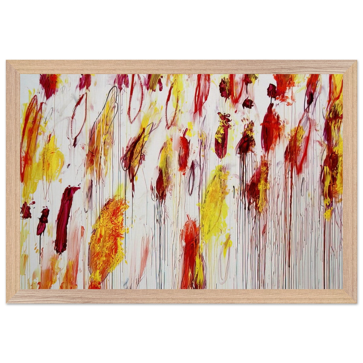 Lepanto, Part IV by Cy Twombly framed art print; featuring vivid yellow and golden-orange pigments, fiery red and crimson brushstrokes, delicate pink accents; size 800 × 1200 mm (32 × 48 in); wood frame.