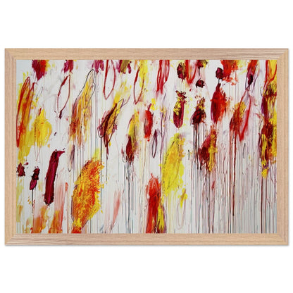 Lepanto, Part IV by Cy Twombly framed art print; featuring vivid yellow and golden-orange pigments, fiery red and crimson brushstrokes, delicate pink accents; size 800 × 1200 mm (32 × 48 in); wood frame.