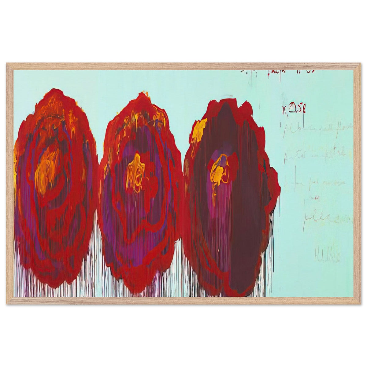 The Rose (IV) by Cy Twombly framed art print; featuring three oversized rose forms in deep crimson, fiery red, rich burgundy, and vivid violet; size 60 × 90 cm (24 × 36 in); wood frame.