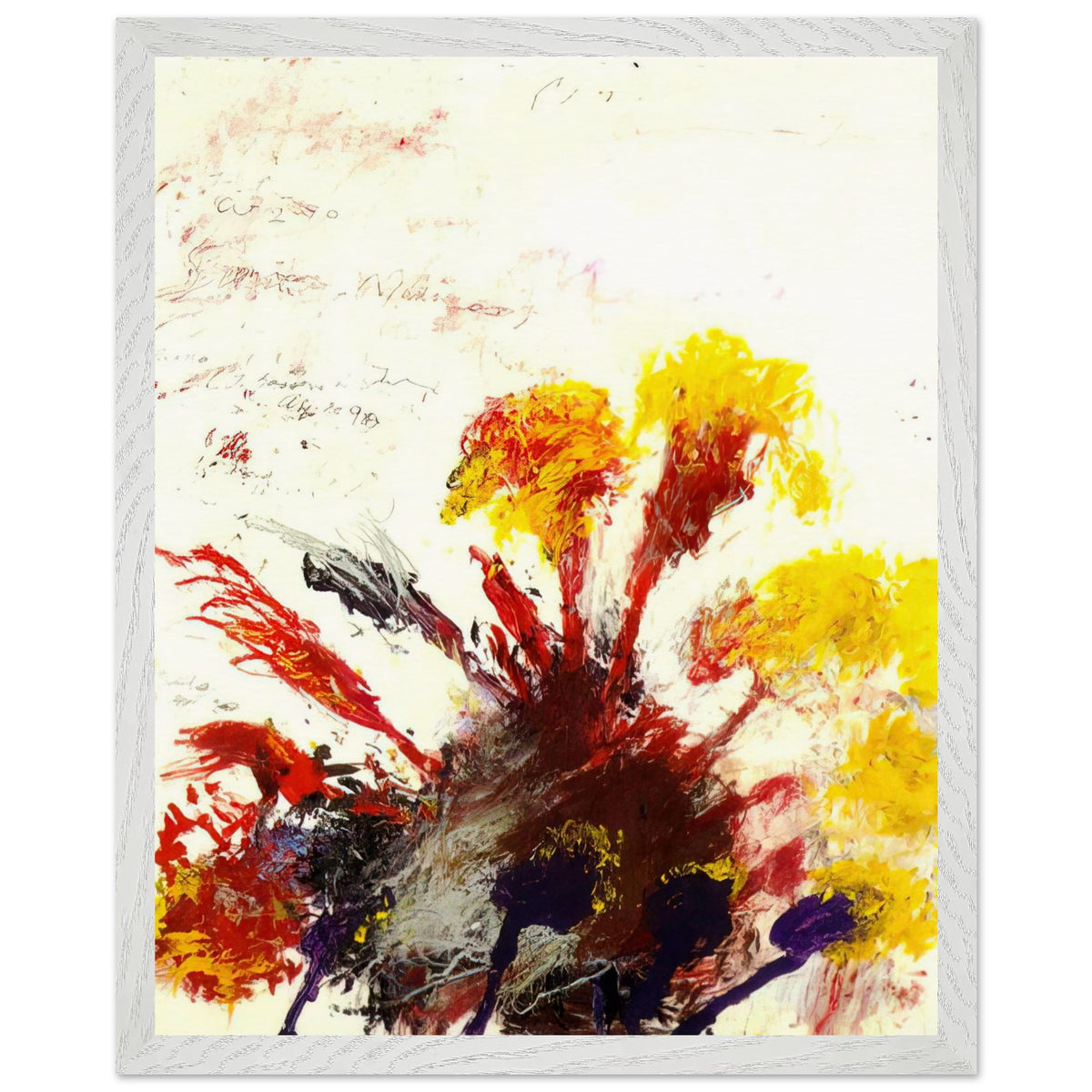 Summer Madness by Cy Twombly, framed art print, energetic red and crimson brushstrokes with bright yellow, orange, 40x50 cm (16x20 in), wood frame