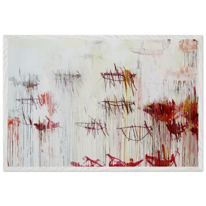 Lepanto, Part IX by Cy Twombly framed art print; featuring a luminous pale blue and ivory background, energetic crimson and burgundy marks, delicate yellow accents; size 60 × 90 cm (24 × 36 in); wood frame.