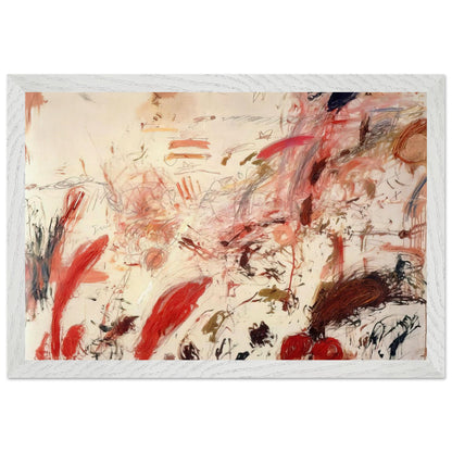 Ferragosto IV by Cy Twombly framed art print; featuring energetic red and pink brushstrokes, sweeping lines, layered marks, and contrasting accents of orange, brown; size 30 × 45 cm (12 × 18 in); wood frame.