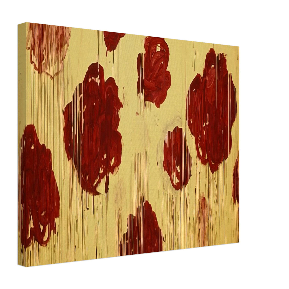 Untitled (Blooming, A Scattering of Blossoms & Other Things) by Cy Twombly canvas print, 70 × 100 cm / 28 × 40 in: This striking composition features vivid red and burgundy forms scattered across a radiant golden-yellow….