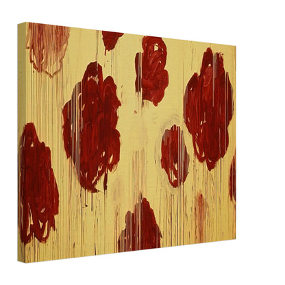 Untitled (Blooming, A Scattering of Blossoms & Other Things) by Cy Twombly canvas print, 70 × 100 cm / 28 × 40 in: This striking composition features vivid red and burgundy forms scattered across a radiant golden-yellow….