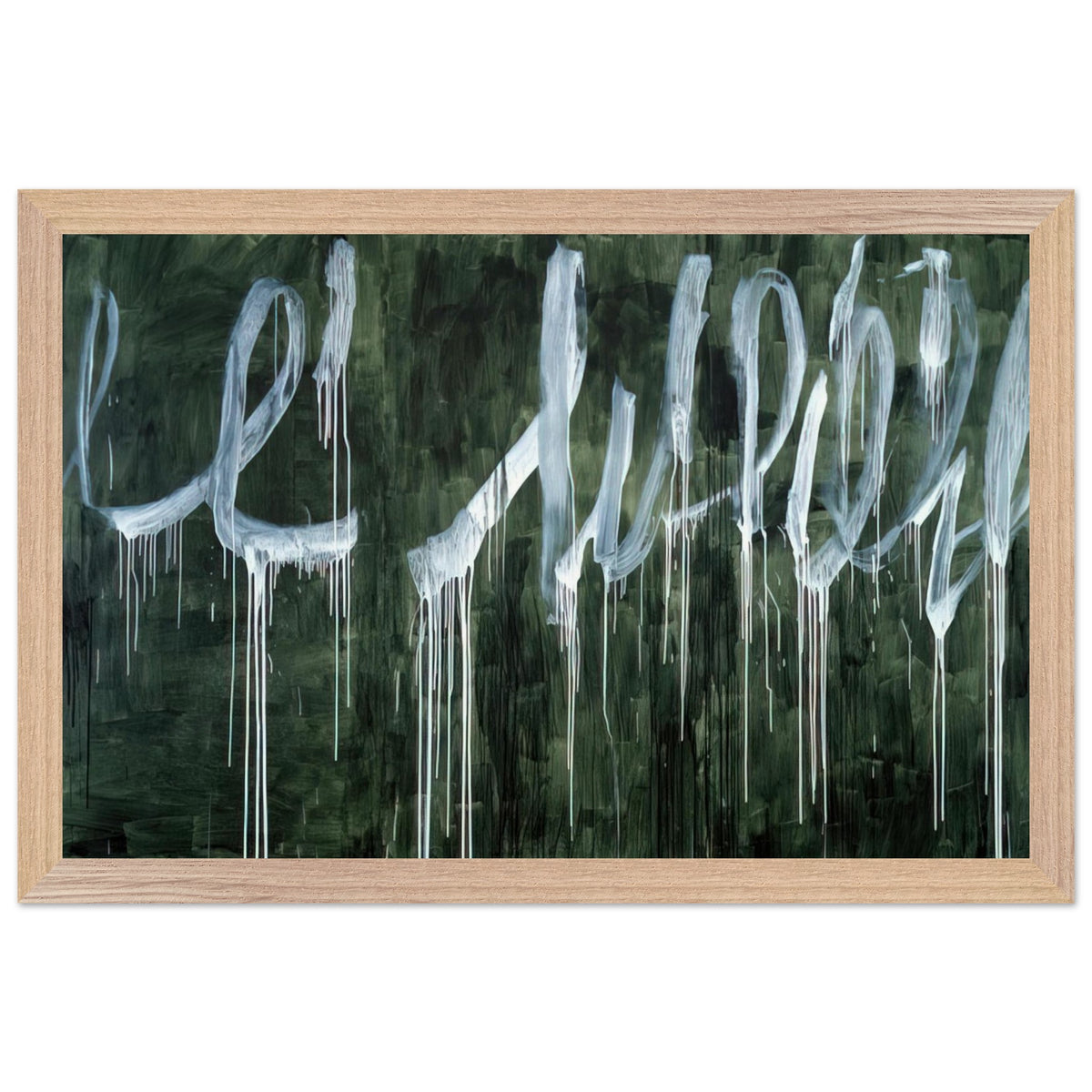 III Notes from Salalah (Note I) by Cy Twombly framed art print; featuring expressive white looping strokes and elongated paint drips against a rich, dark green background; size 60 × 90 cm (24 × 36 in); black frame.