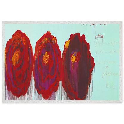 The Rose (IV) by Cy Twombly framed art print; featuring three oversized rose forms in deep crimson, fiery red, rich burgundy, and vivid violet; size 70 × 100 cm (28 × 40 in); white frame.