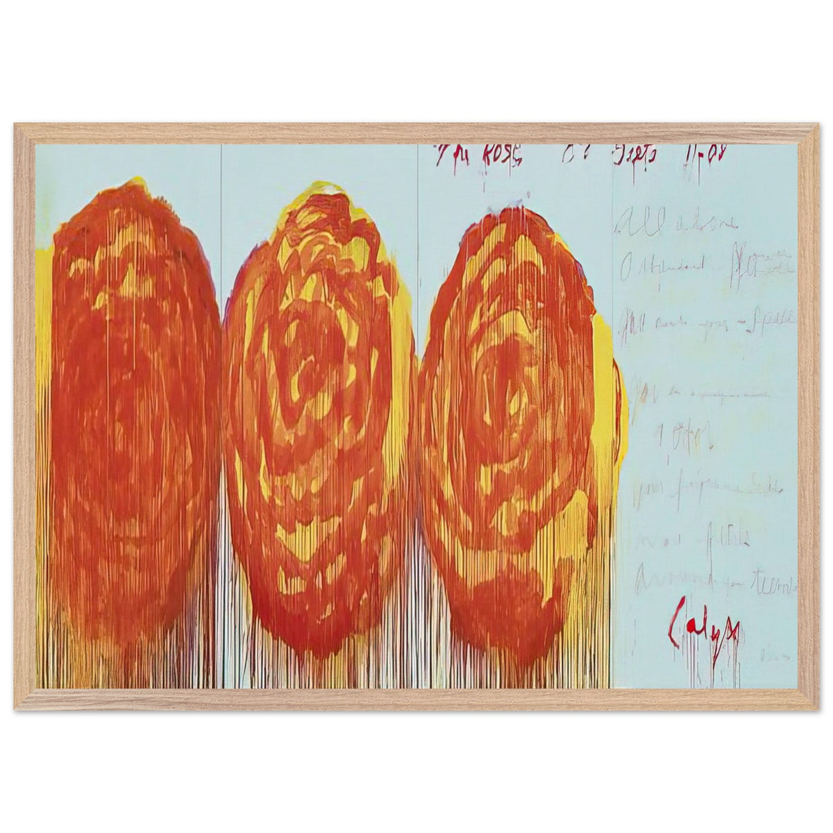 The Rose (II) by Cy Twombly framed art print; featuring three oversized rose-like forms in vibrant orange, fiery red; size 50 × 70 cm (20 × 28 in); white frame.