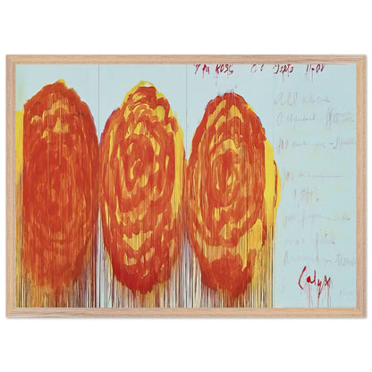 The Rose (II) by Cy Twombly framed art print; featuring three oversized rose-like forms in vibrant orange, fiery red; size 50 × 70 cm (20 × 28 in); white frame.
