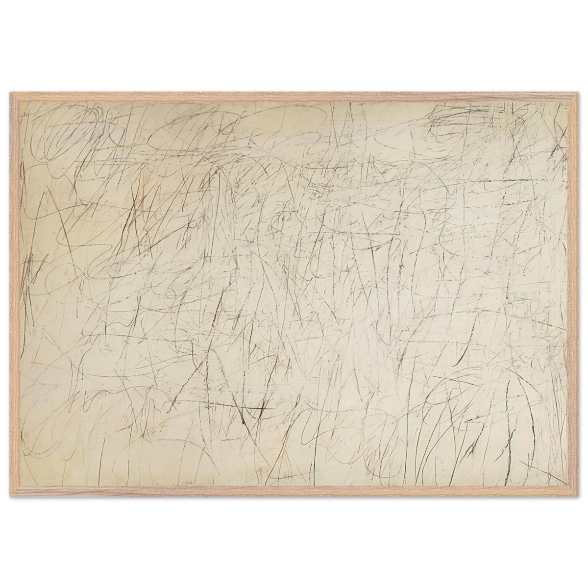 The Geeks by Cy Twombly framed art print; featuring an ivory and warm beige background covered with delicate pencil-like scribbles, intersecting lines; size A1 (59.4 × 84.1 cm); wood frame.