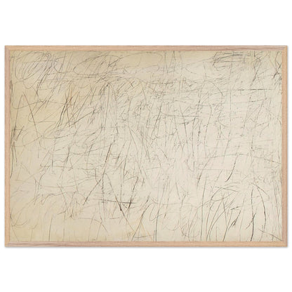 The Geeks by Cy Twombly framed art print; featuring an ivory and warm beige background covered with delicate pencil-like scribbles, intersecting lines; size A1 (59.4 × 84.1 cm); wood frame.