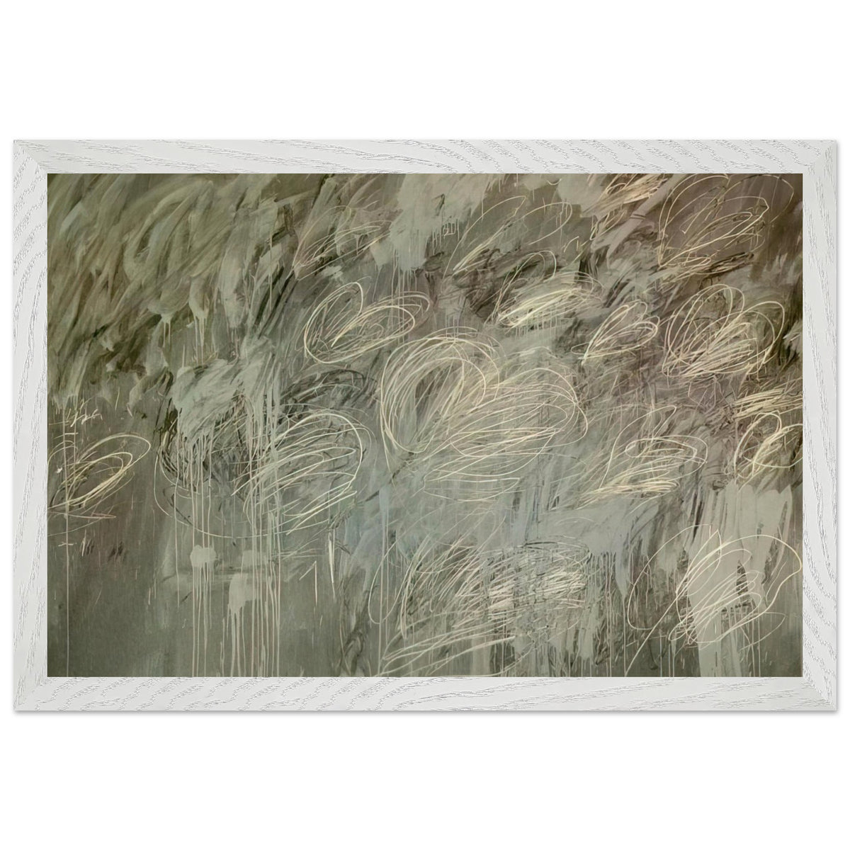 III Notes from Salalah (Note II) by Cy Twombly framed art print; featuring intricate ivory and pale gray looping lines across a richly layered background of muted olive green, gray; size 70 × 100 cm (28 × 40 in); wood frame.