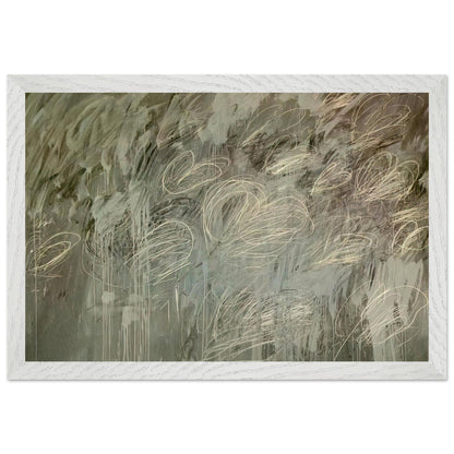 III Notes from Salalah (Note II) by Cy Twombly framed art print; featuring intricate ivory and pale gray looping lines across a richly layered background of muted olive green, gray; size 70 × 100 cm (28 × 40 in); wood frame.