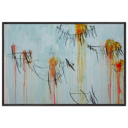 Lepanto, Part II by Cy Twombly framed art print; featuring a luminous turquoise-blue background, energetic black gestural lines, and vivid accents of yellow, orange; size 30 × 45 cm (12 × 18 in); white frame.