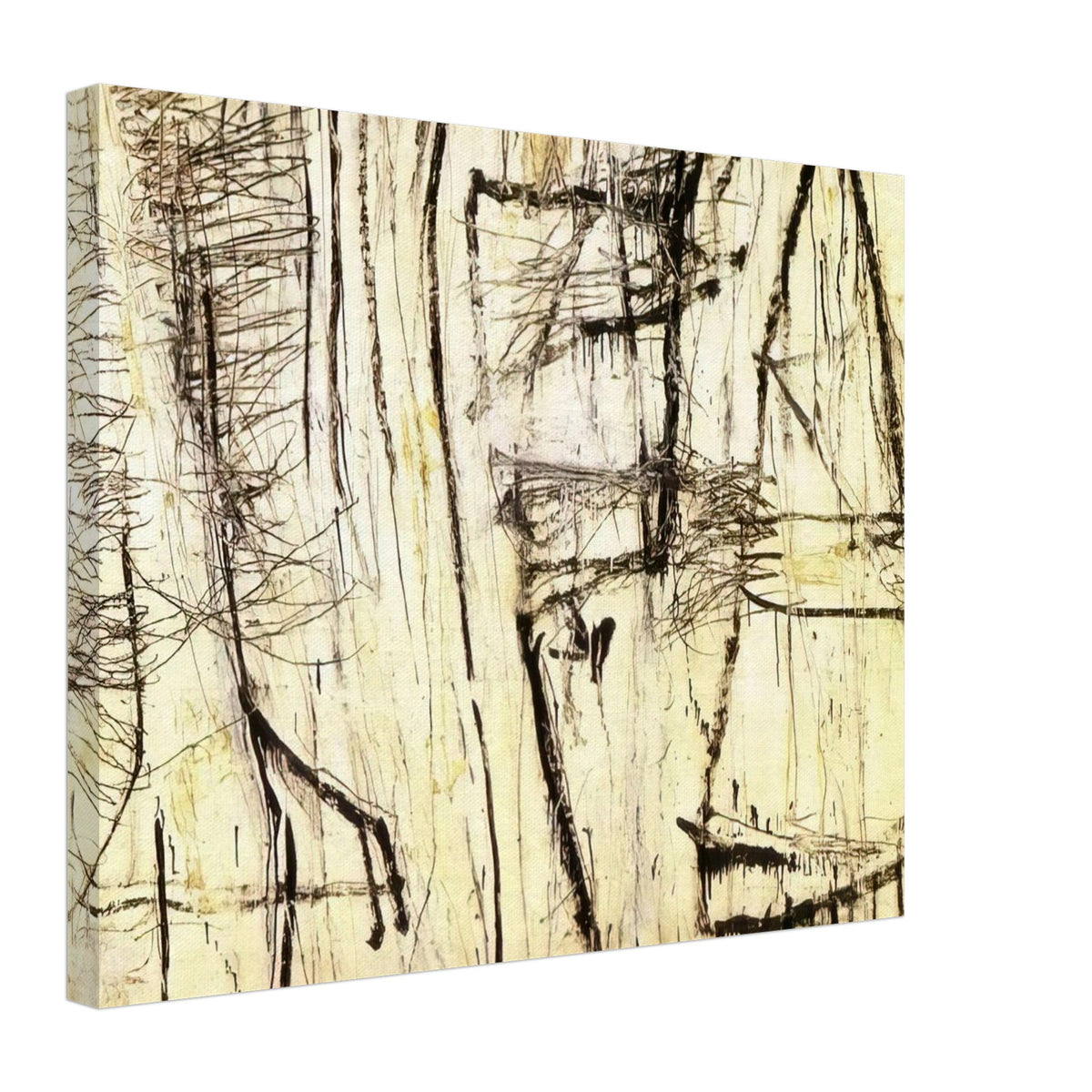 Tiznit by Cy Twombly canvas print, 50 × 75 cm / 20 × 30 in: a warm ivory background layered with intricate black lines, angular gestures, crosshatched marks….