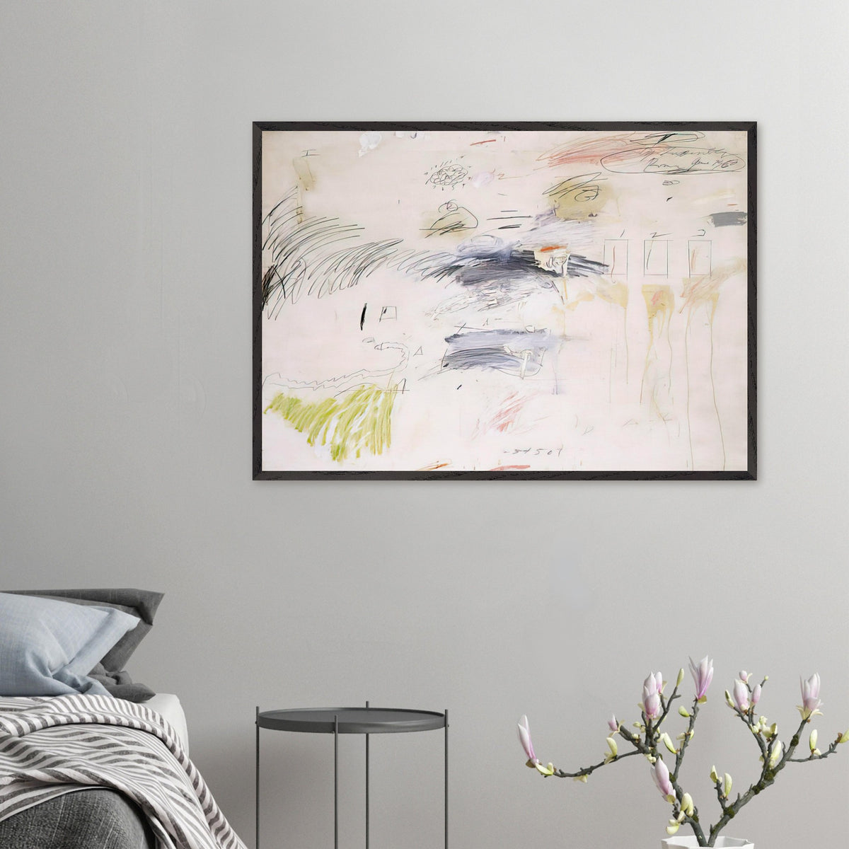 Untitled, Rome by Cy Twombly framed art print; featuring a warm ivory background layered with spontaneous black and charcoal lines, delicate pencil-like gestures.