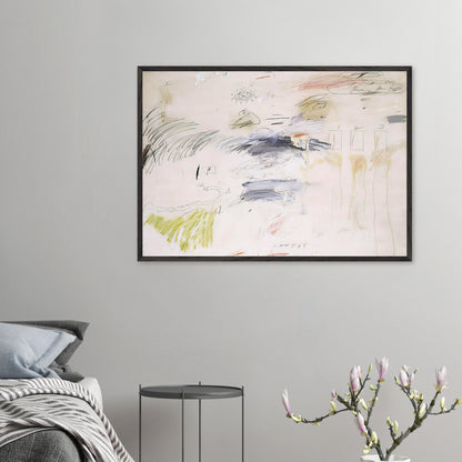 Untitled, Rome by Cy Twombly framed art print; featuring a warm ivory background layered with spontaneous black and charcoal lines, delicate pencil-like gestures.