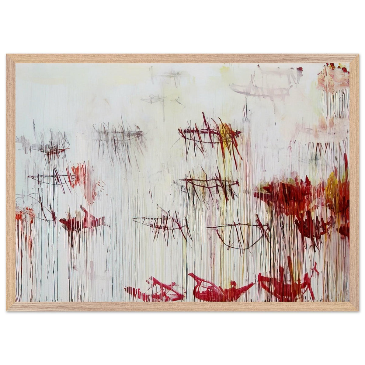 Lepanto, Part IX by Cy Twombly framed art print; featuring a luminous pale blue and ivory background, energetic crimson and burgundy marks, delicate yellow accents; size 50 × 70 cm (20 × 28 in); wood frame.