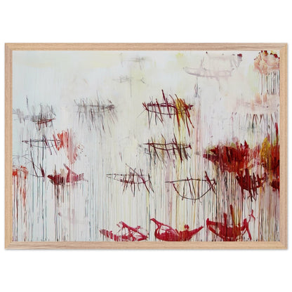 Lepanto, Part IX by Cy Twombly framed art print; featuring a luminous pale blue and ivory background, energetic crimson and burgundy marks, delicate yellow accents; size 50 × 70 cm (20 × 28 in); wood frame.