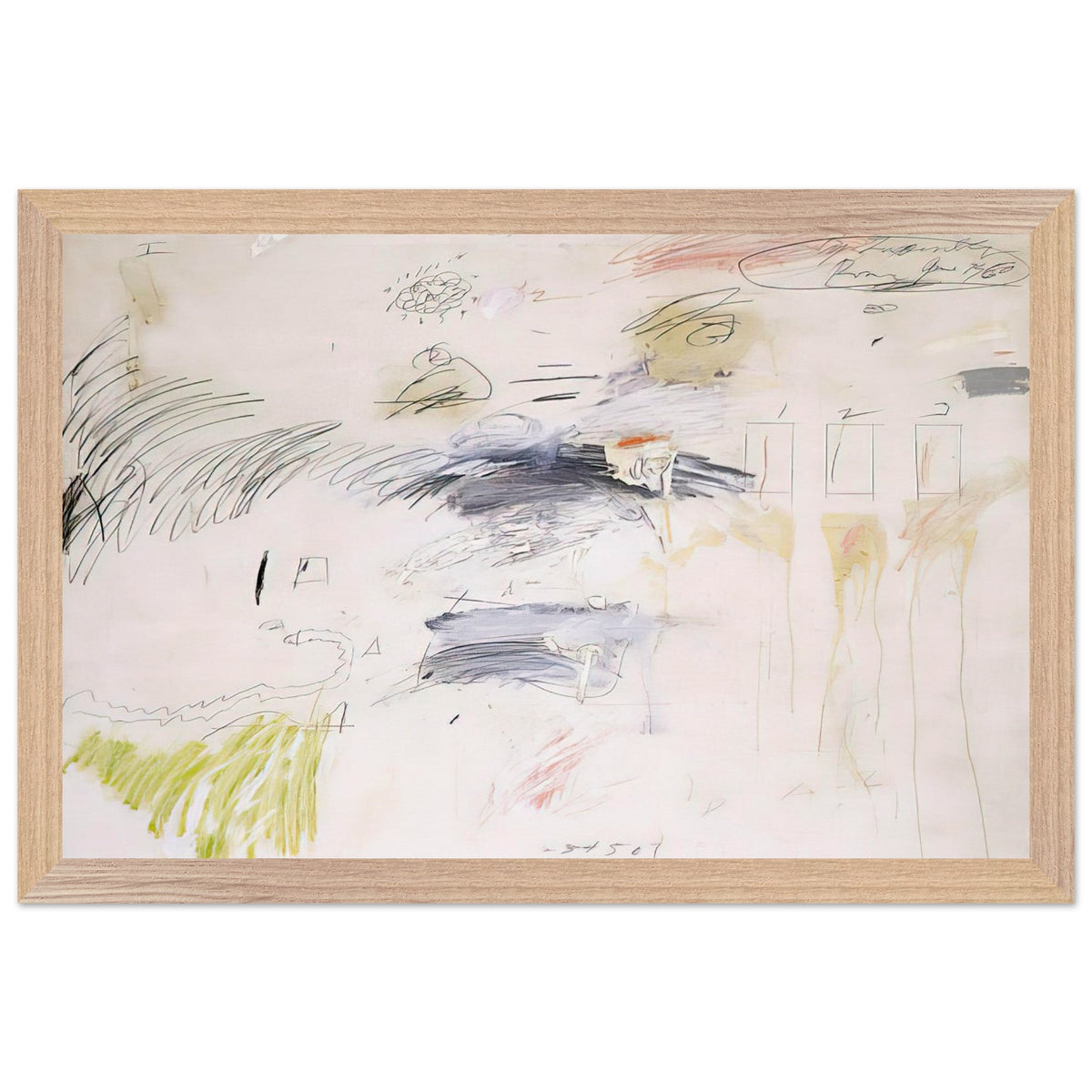Untitled, Rome by Cy Twombly framed art print; featuring a warm ivory background layered with spontaneous black and charcoal lines, delicate pencil-like gestures; size 30 × 45 cm (12 × 18 in); white frame.