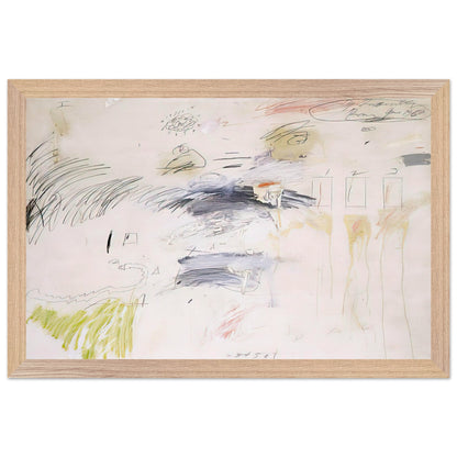 Untitled, Rome by Cy Twombly framed art print; featuring a warm ivory background layered with spontaneous black and charcoal lines, delicate pencil-like gestures; size 30 × 45 cm (12 × 18 in); white frame.