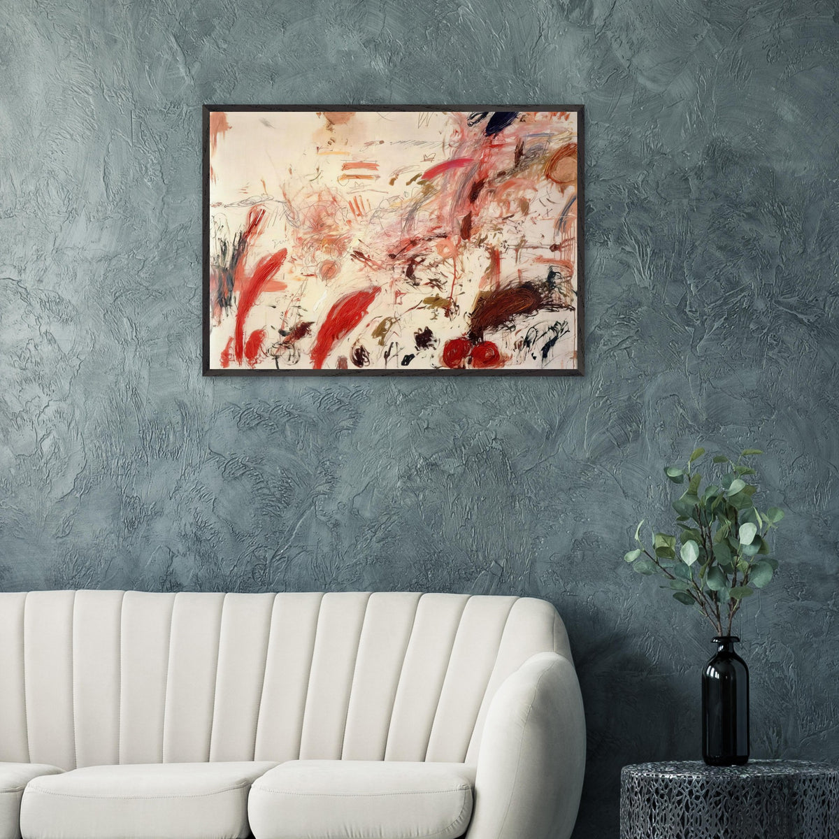 Ferragosto IV by Cy Twombly framed art print; featuring energetic red and pink brushstrokes, sweeping lines, layered marks, and contrasting accents of orange, brown.