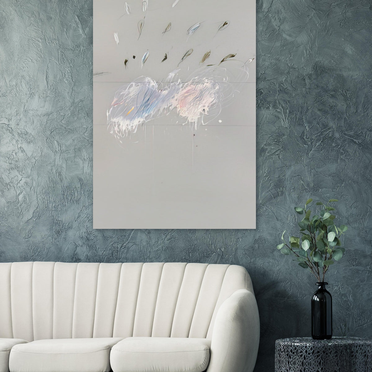 Nine Discourses on Commodus, Part VI by Cy Twombly, poster, muted gray background, delicate white brushstrokes