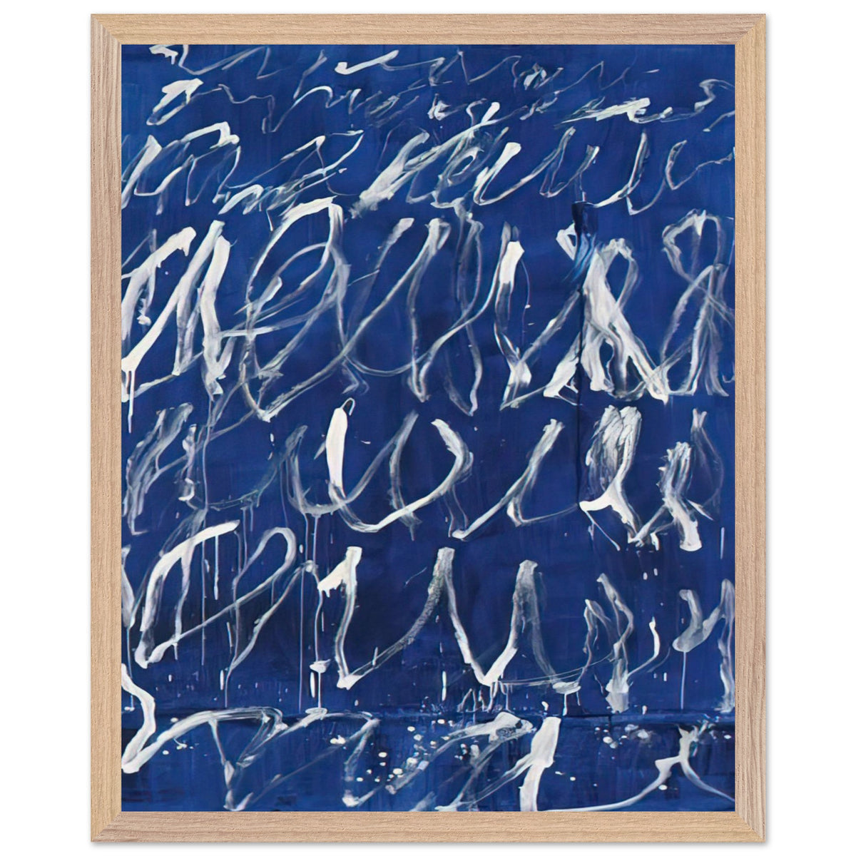 Untitled by Cy Twombly, framed art print, deep blue ground covered with energetic white brushstrokes, looping, 40x50 cm (16x20 in), white frame