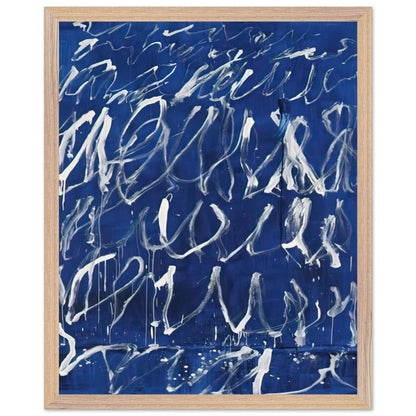 Untitled by Cy Twombly, framed art print, deep blue ground covered with energetic white brushstrokes, looping, 40x50 cm (16x20 in), white frame