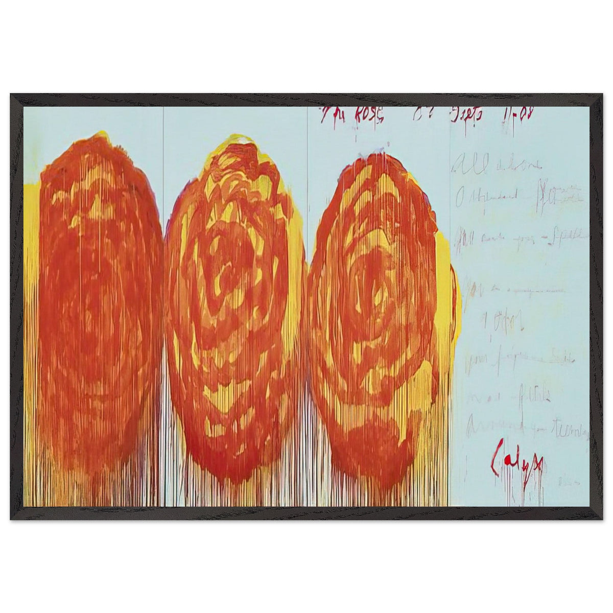 The Rose (II) by Cy Twombly framed art print; featuring three oversized rose-like forms in vibrant orange, fiery red; size 60 × 90 cm (24 × 36 in); white frame.