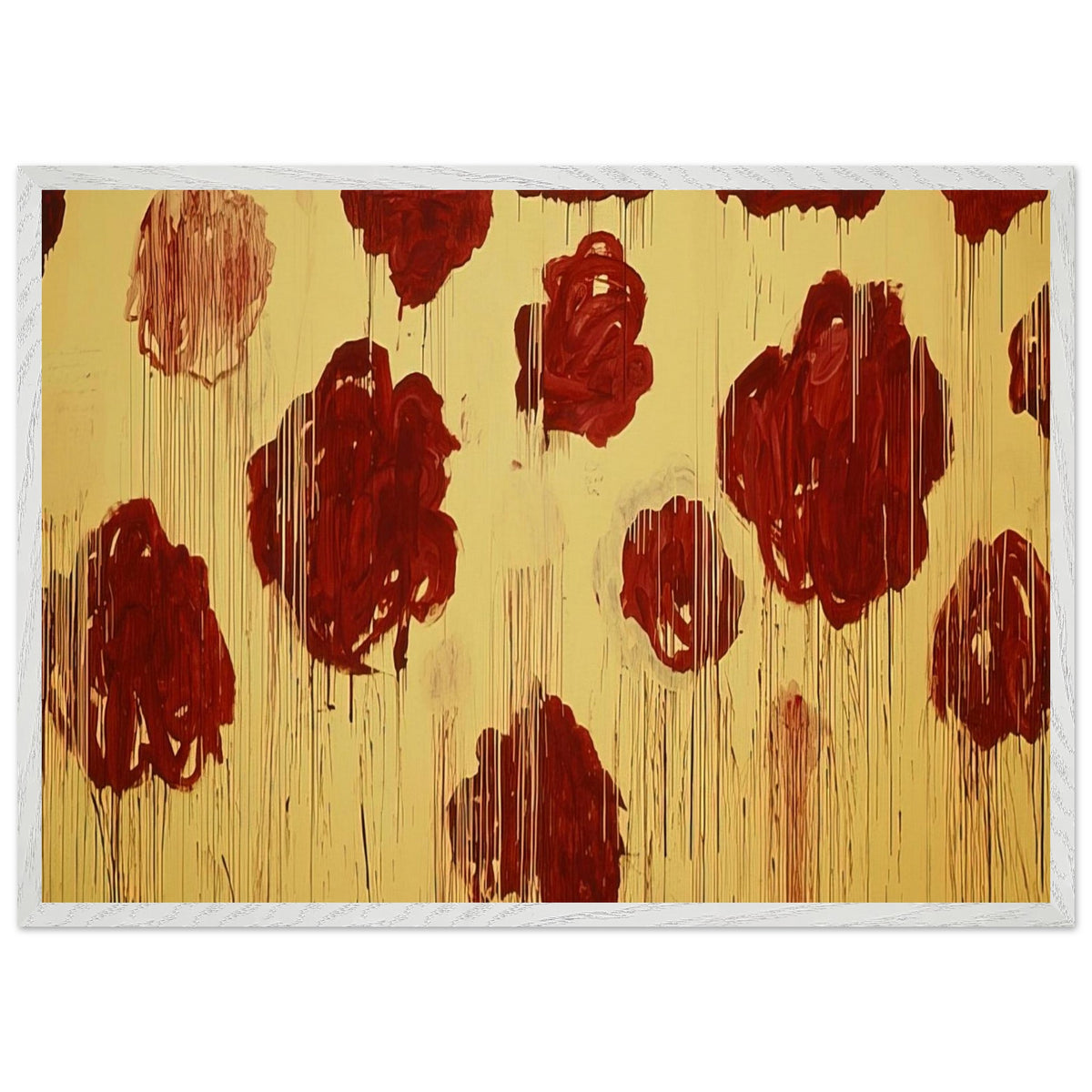 Untitled (Blooming, A Scattering of Blossoms & Other Things) by Cy Twombly framed art print; featuring vivid crimson-red and deep burgundy blossoms scattered across a luminous golden-yellow background; size 28 × 43 cm (11 × 17 in); wood frame.