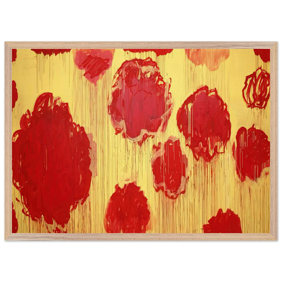 Untitled (Peonias Series) by Cy Twombly framed art print; featuring bold crimson-red and scarlet flower forms against a luminous golden-yellow background; size 60 × 90 cm (24 × 36 in); white frame.