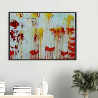 Lepanto, Part XI by Cy Twombly framed art print; featuring a luminous turquoise and pale blue background with vibrant golden-yellow brushstrokes.