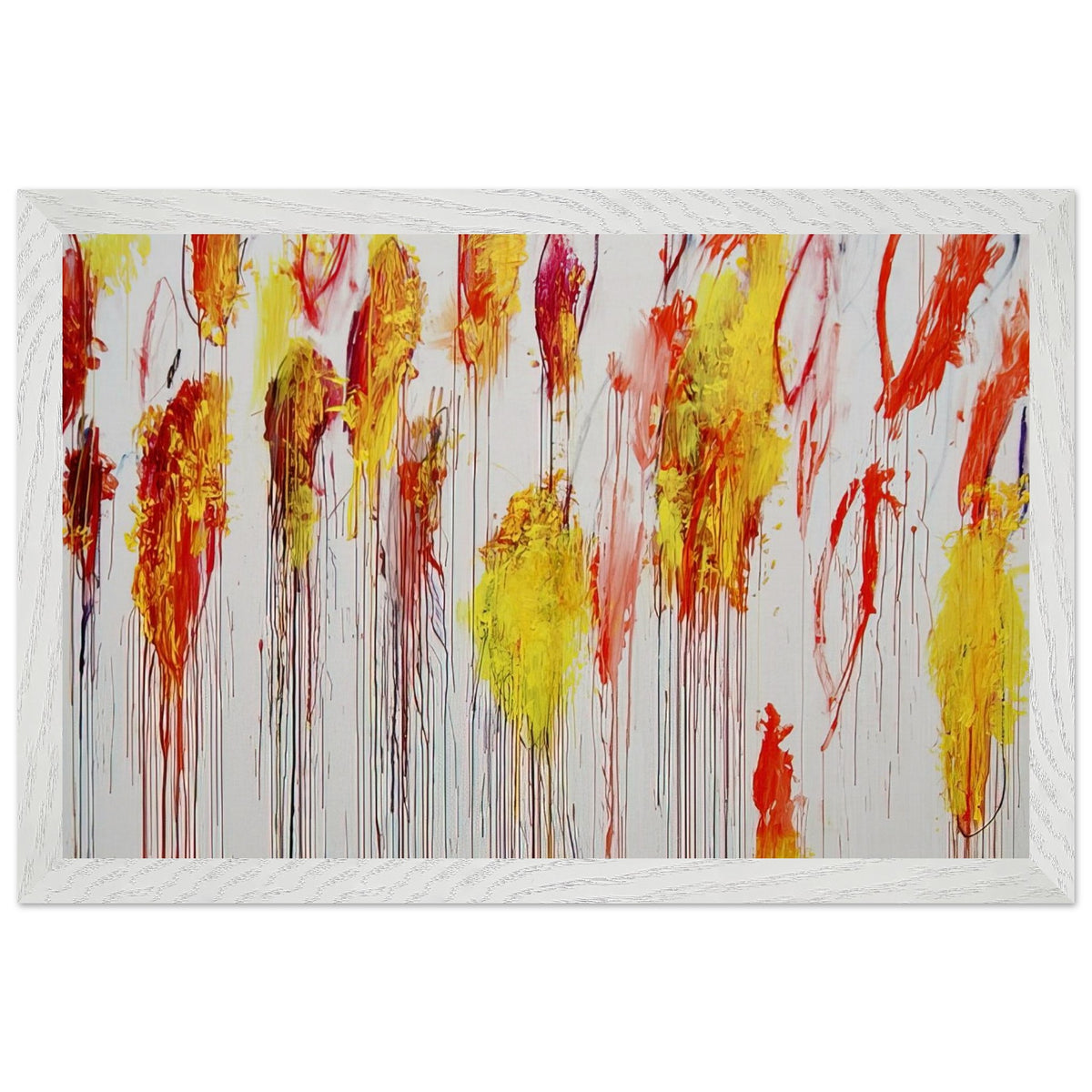 Lepanto, Part XII by Cy Twombly framed art print; featuring vibrant golden-yellow and orange brushstrokes, fiery red and crimson accents; size 28 × 43 cm (11 × 17 in); white frame.