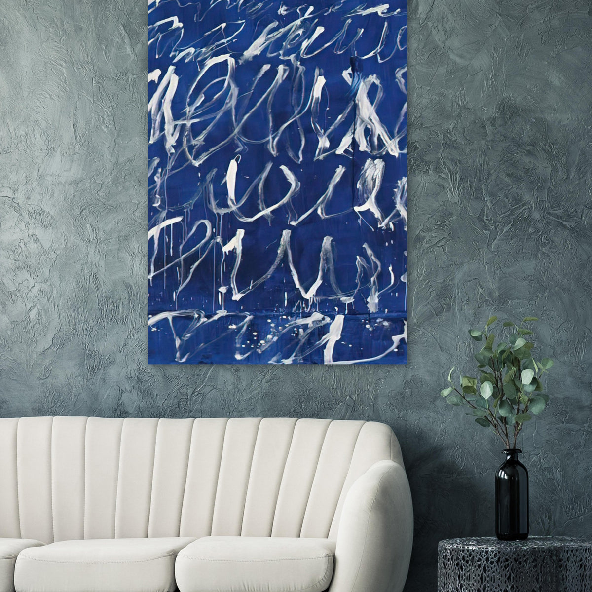Untitled by Cy Twombly, poster, expressive white brushstrokes across a deep blue background