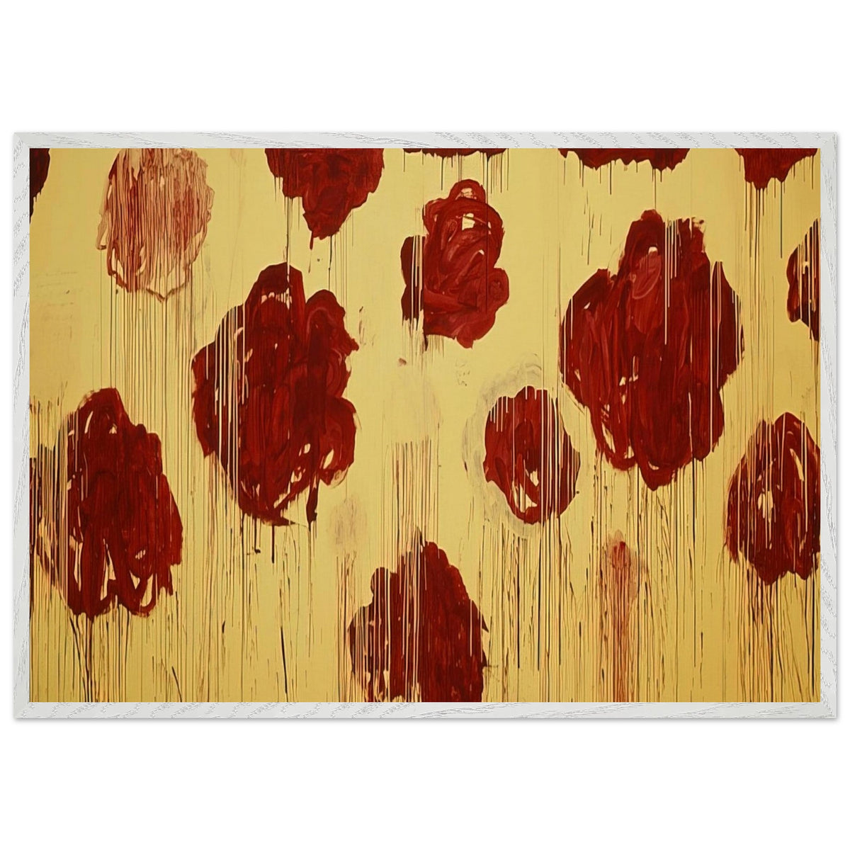 Untitled (Blooming, A Scattering of Blossoms & Other Things) by Cy Twombly framed art print; featuring vivid crimson-red and deep burgundy blossoms scattered across a luminous golden-yellow background; size 60 × 90 cm (24 × 36 in); black frame.