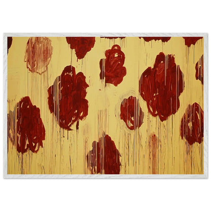 Untitled (Blooming, A Scattering of Blossoms & Other Things) by Cy Twombly framed art print; featuring vivid crimson-red and deep burgundy blossoms scattered across a luminous golden-yellow background; size 60 × 90 cm (24 × 36 in); black frame.