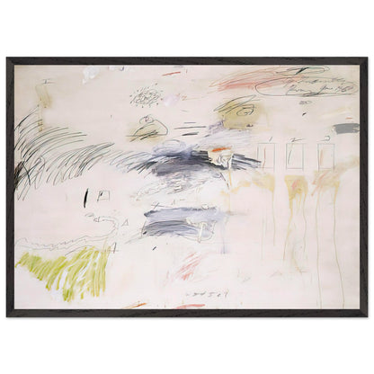 Untitled, Rome by Cy Twombly framed art print; featuring a warm ivory background layered with spontaneous black and charcoal lines, delicate pencil-like gestures; size A1 (59.4 × 84.1 cm); wood frame.