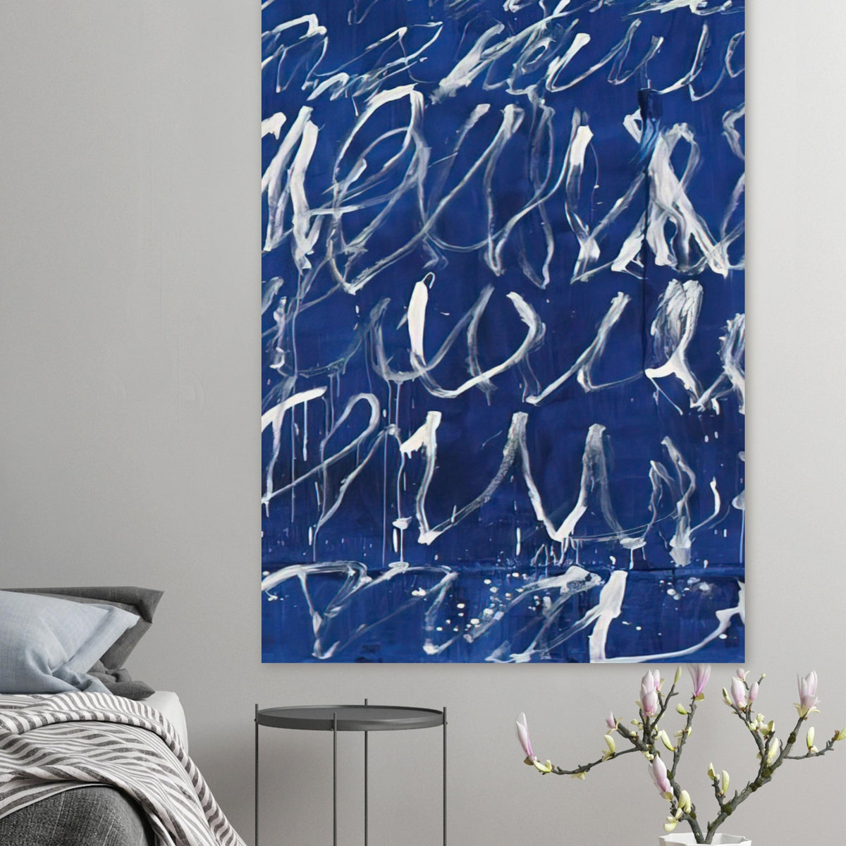 Untitled by Cy Twombly, poster, expressive white brushstrokes across a deep blue background